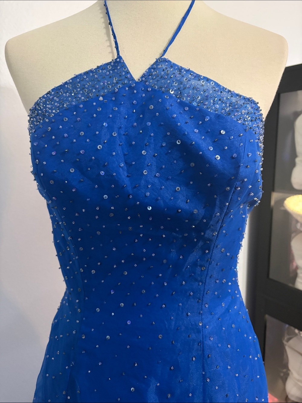 Mori Lee Cobalt Blue Beaded Halter‎ Prom Gown